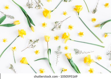 Flowers Composition. Spring Narcissus And Tulip Flowers On White Background. Flat Lay, Top View