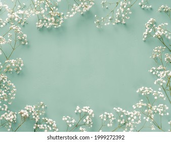 Flowers composition. White flowers on turquoise blue background. Wedding mockup with small flowers. Flat lay, top view, frame. Gypsophila Baby's-breath flowers - Powered by Shutterstock