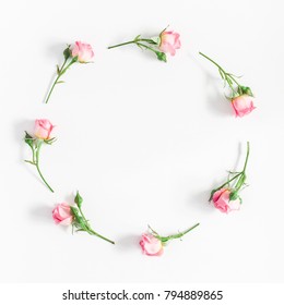 Flowers Composition. Wreath Made Of Pink Rose Flowers On White Background. Flat Lay, Top View, Copy Space.