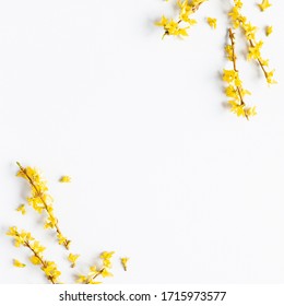 Flowers composition. Yellow flowers on white background. Spring concept. Flat lay, top view