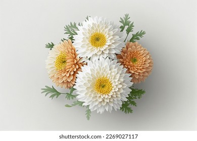 Flowers creative composition. Bouquet of chrysanthemum flowers plant with leaves isolated on white background. Flat lay, top view, copy space	
