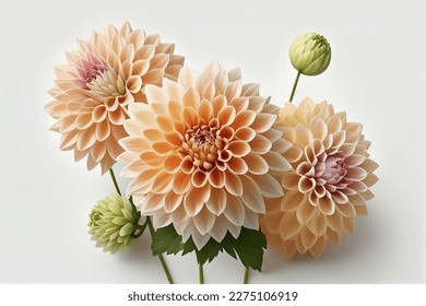 Flowers creative composition. Bouquet of dahlia flowers plant with leaves isolated on white background. Flat lay, top view, copy space	
