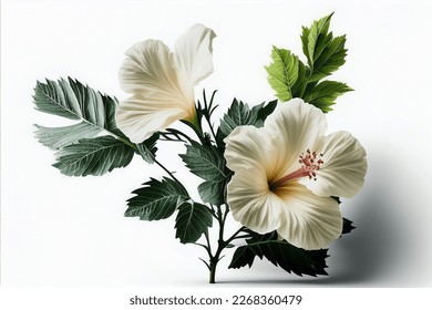 Flowers creative composition. Bouquet of hibiscus hibiscuses flowers plant with leaves isolated on white background. Flat lay, top view, copy space	