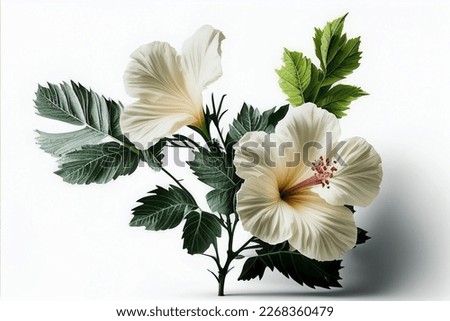Flowers creative composition. Bouquet of hibiscus hibiscuses flowers plant with leaves isolated on white background. Flat lay, top view, copy space	