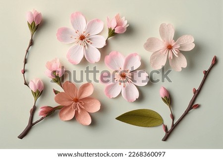 Flowers creative composition. Bouquet of sakura cherry blossom flowers plant with leaves isolated on white background. Flat lay, top view, copy space