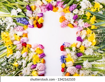 Flowers And Cross Easter Abstract Concept On A White Background. Copy Space.