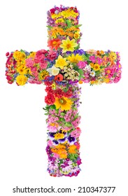 Flowers of a cross of Jesus in my heart concept. Collage from summer plants. Isolated. You can find all the full sized images in my portfolio.