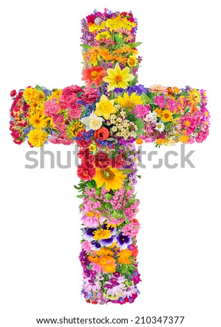 Flowers of a cross of Jesus in my heart concept. Collage from summer plants. Isolated. You can find all the full sized images in my portfolio.