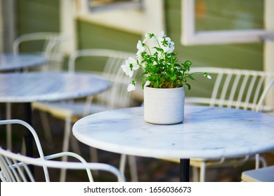 Flowers In Full Bloom On A Table Of Street Cafe, Beautiful Decoration Details In Porvoo, Finland