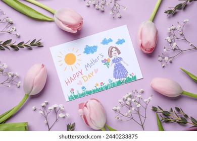 Flowers with kid drawing on lilac background. Mother's Day celebration - Powered by Shutterstock