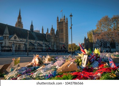 Flowers Left On Parliament Square In London Following The Terrorist Attack On Westminster On 22nd March 2017.