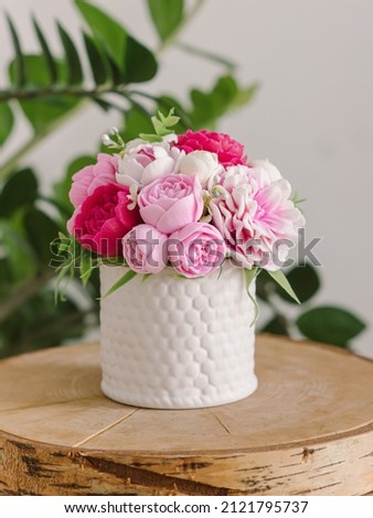 Flowers made from soap in white pot. Natural. Handmade gift for Woman's Day or birthday. Soap bouquet