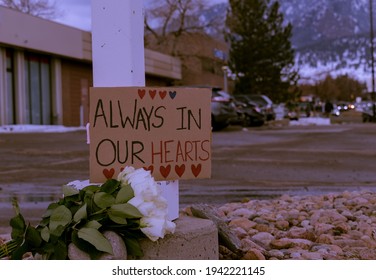 Flowers At Memorial For Shooting At King Soopers In Boulder Colorado. March 23rd 2021