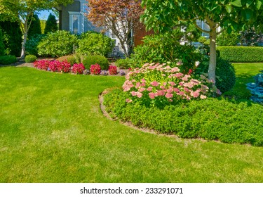 Flowers And Nicely Trimmed Bushes In Front Of The House, Front Yard. Landscape Design.