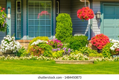 Blumen, schön gezapfte Sträucher und Steine vor dem Haus, Vorgarten. Landschaftsdesign.