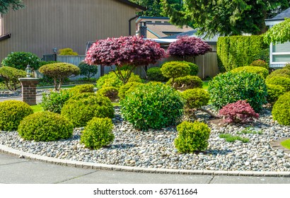 Flowers, Nicely Trimmed Bushes And Stones In Front Of The House, Front Yard. Landscape Design.