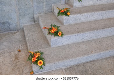 Flowers On A Church Steps For A Wedding