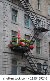 Flowers On The Fire Escape. A Beautiful Flower Garden Set Around A Fire Escape Ladder