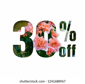 Flowers sale 30 percent off. Paper cut with flowers and leaves sale 30% on white background. Unique selling background for flyer, poster, shopping, for symbol sign, discount, selling, banner. - Powered by Shutterstock