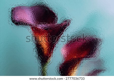 Flowers seen through textured embossed glass with soft blur and diffused light. Abstract composition with transparency, distortion, and modern aesthetic—ideal for backgrounds, branding, and design.
