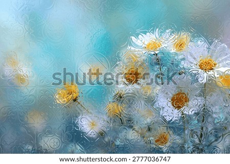 Flowers seen through textured embossed glass with soft blur and diffused light. Abstract composition with transparency, distortion, and modern aesthetic—ideal for backgrounds, branding, and design.