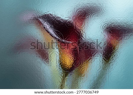 Flowers seen through textured embossed glass with soft blur and diffused light. Abstract composition with transparency, distortion, and modern aesthetic—ideal for backgrounds, branding, and design.