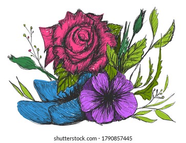 Flowers sketched vintage art original composition with joyful colors