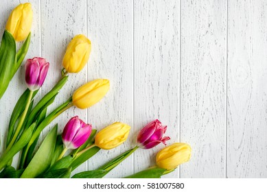 Flowers Spring Tulips Top View On Wooden Background Mockup