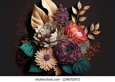 Flowers in the style of watercolor art. Luxurious floral elements, botanical background or wallpaper design, prints and invitations, postcards. Beautiful delicate flowers 3D illustration - Shutterstock ID 2248702471