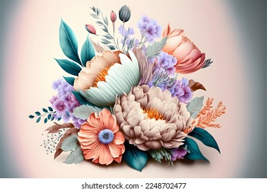 Flowers in the style of watercolor art. Luxurious floral elements, botanical background or wallpaper design, prints and invitations, postcards. Beautiful delicate flowers 3D illustration