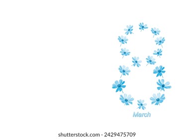 ?osmos flowers toned turquoise in the shape of the number 8 eight isolated on a white background. International Women's Day March 8th. Top view, copy space. Turquoise blue flowers for your design.