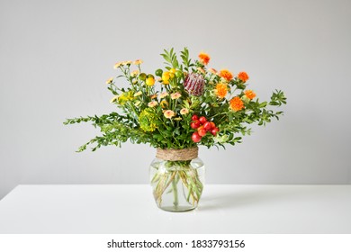 Flowers In A Vase. Flowers Bunch, Set For Home. Fresh Cut Flowers For Decoration Home. European Floral Shop. Delivery Fresh Cut Flower.