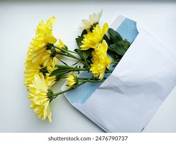 Flowers in a white envelope.Color photograph with yellow chrysanthemums in a paper envelope on a white background. - Powered by Shutterstock