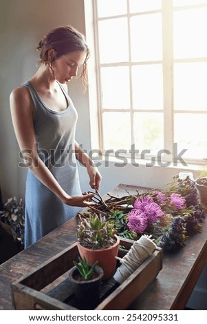 Similar – Woman makes wildflower bouquet in vase on the table