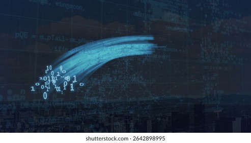 Flowing blue brush-stroke data trail with binary clusters across nighttime city skyline, with code. Technology, cyberpunk, futuristic, digital, innovation, metropolis, data