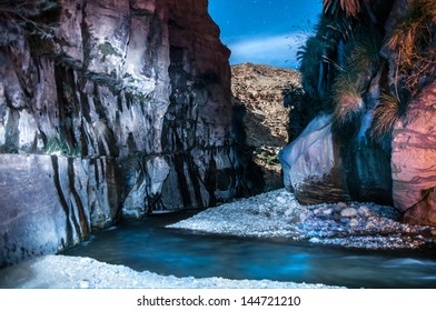 Flowing Creek In Jordan, Night Desert Landscape