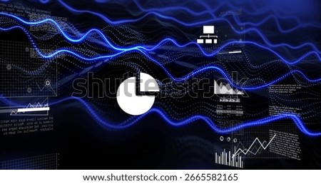 Flowing data stream moving sideways in digital interface, with pie chart, line graph, grid overlays. Technology, innovation, futuristic, analytics, visualization, digital, interface