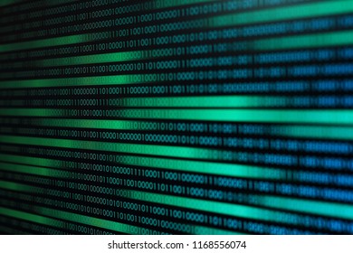 flowing data transfer. data motion movement background. green blue digital binary code bit moving side way