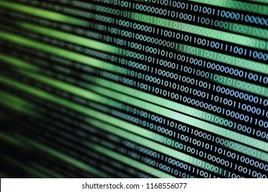 flowing data transfer. data motion movement background. green blue digital binary code bit moving side way