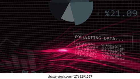 Flowing magenta stream and translucent panel displaying COLLECTING DATA... on HUD with %21.09. Neon, interface, dashboard, grid, matrix, glow, analytics - Powered by Shutterstock - Get 15% off with code: PIKWIZARD15