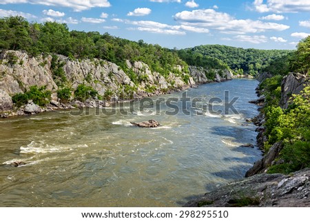 Flowing Potomac River at Great Falls National Park in Virginia on a summer day
