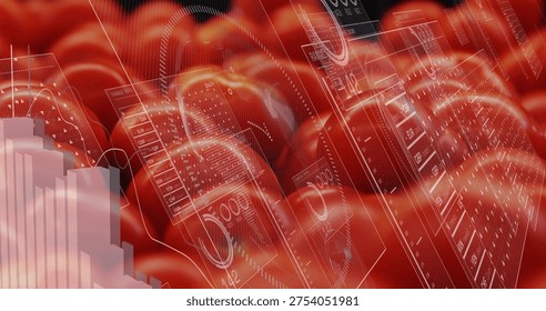 Flowing red waves displaying translucent HUD panels and numeric readouts in digital visualization. Futuristic, holographic, data, analytics, finance, neon, abstract - Powered by Shutterstock - Get 15% off with code: PIKWIZARD15