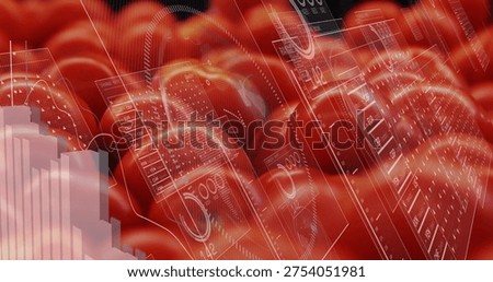 Flowing red waves displaying translucent HUD panels and numeric readouts in digital visualization. Futuristic, holographic, data, analytics, finance, neon, abstract
