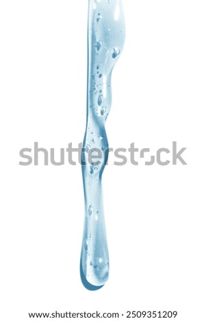 Flowing transparent blue liquid on empty background. Cosmetics, shampoo, serum, snail slime.