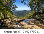 Flowing Water and View over Mountains of Binna Burra Section of Lamington National Park, Queensland, Australia.