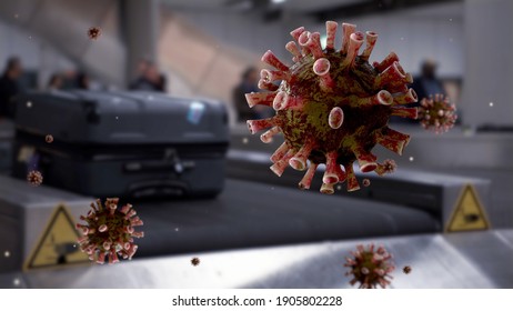 Flu Coronavirus Floating On Air With Suitcase On Luggage Conveyor Belt In The Baggage Claim At Arrivals Lounge Of Airport International Terminal Building. Pandemic Of Covid19 Virus Infection