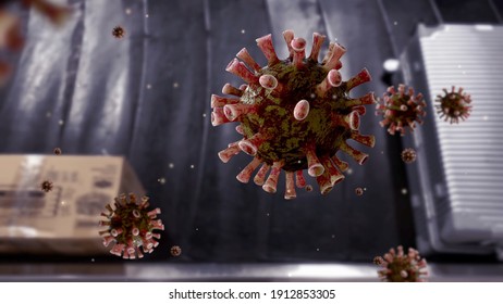 Flu Coronavirus Floating On Air With Suitcase On Luggage Conveyor Belt In The Baggage Claim At Arrivals Lounge Of Airport International Terminal Building. Pandemic Of Covid19 Virus Infection