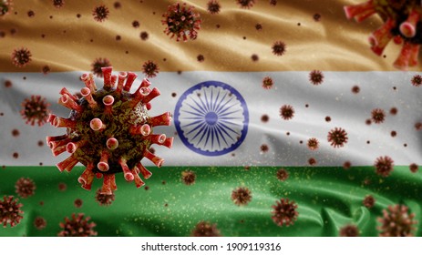 Flu coronavirus floating over Tiranga indian flag, a pathogen that attacks the respiratory tract. India banner waving with pandemic of Covid19 virus infection concept. Close up fabric texture ensign - Powered by Shutterstock