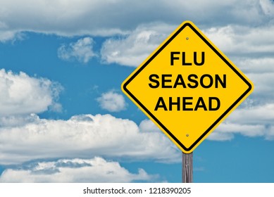 Flu Season Ahead Caution Sign With Blue Sky Background