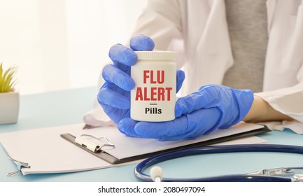 Flu Text Alert On White Glass Jar. Flu Season Concept.